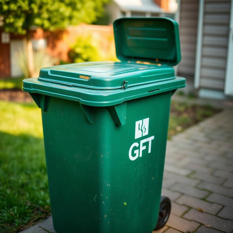 Groene gft-bak met deksel open en etensresten erin