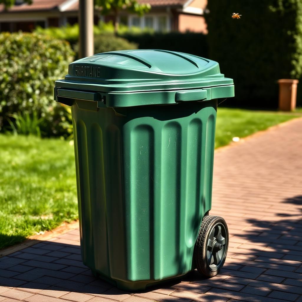 Groene container in de zon met een vlieg in de lucht